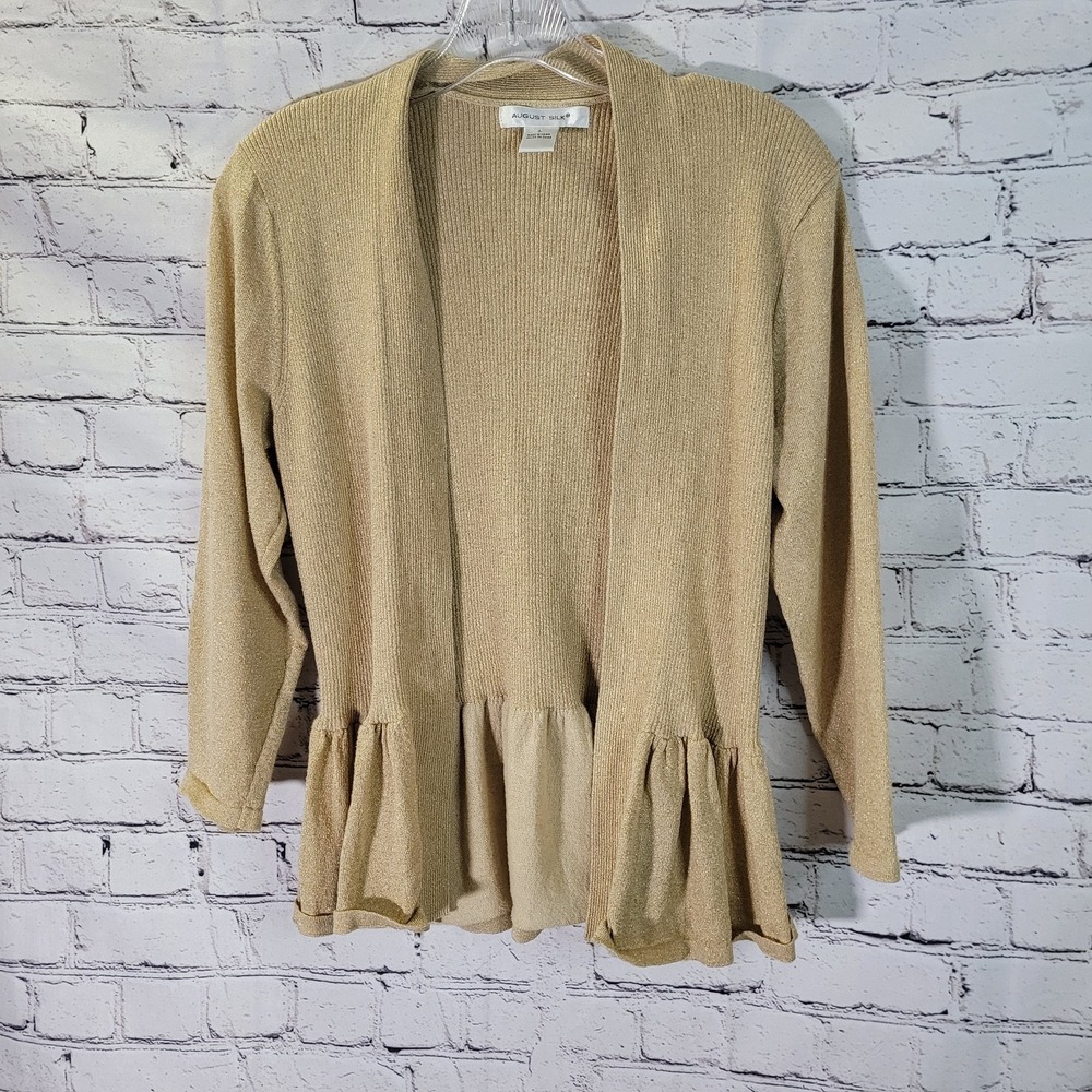 August Silk Gold Open Cardigan Ruffle Bottom Size Large